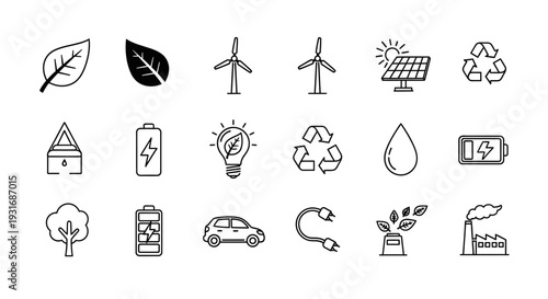 Comprehensive Set of Outline Environmental and Green Energy Icons on Isolated White Background, Covering Nature and Sustainability