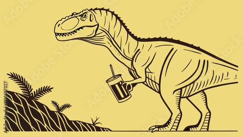 Tyrannosaurus Rex enjoying a refreshing drink in a prehistoric landscape.
