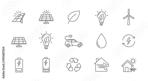 Set of Outline Renewable Energy and Sustainability Icons on Isolated White Background, Including Solar Panel, Wind Turbine, and Electric Car