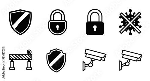 Set of Security and Protection Solid Icons on Isolated White Background, Including Padlock, Shield, CCTV, and Virus Symbol