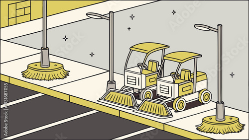 Two street sweepers parked on a sidewalk next to streetlights.