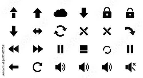 Comprehensive Set of Black Silhouette UI Control and Navigation Icons in Isolated White Background