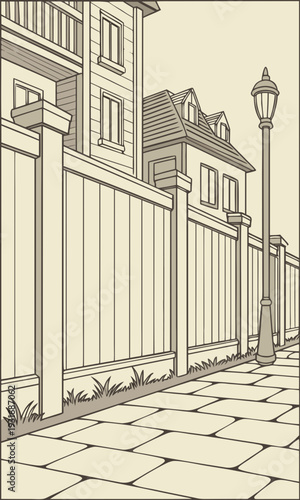Urban street scene with fence and lamppost.