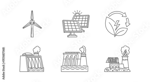 Renewable Energy and Environmental Sustainability Outline Icons Set in Isolated White Background