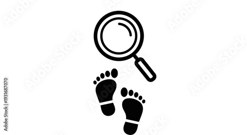 Bare Human Footprints and Magnifying Glass for Investigation and Clue Finding in Isolated White Background