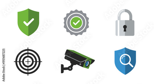 Flat Security and Protection Icons Set with Checkmark Shield Padlock and CCTV Camera on Isolated White Background