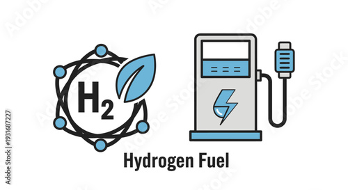 Hydrogen Fuel Station and H2 Molecule Graphic Representing Clean Energy on Isolated White Background