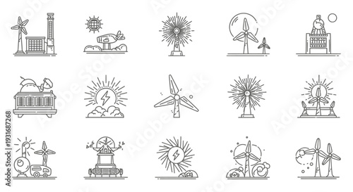 Outline Eco Green Energy and Renewable Resources Icons Set on Isolated White Background