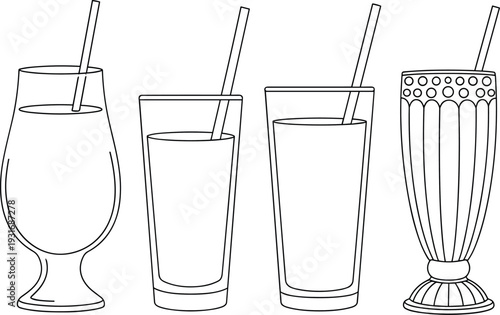 Minimalist black and white line art vector set of various beverage glasses including milkshake tall glass and smoothie jars.