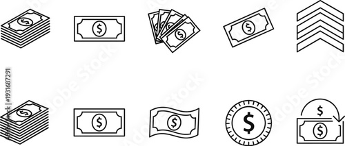 Dollar banknote and coin line icons money cash payment finance vector illustration set