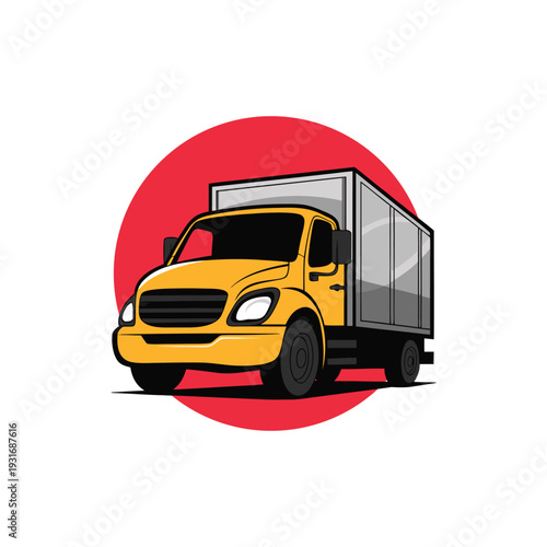 delivery truck, semi-truck, 3d illustration, digital art, minimalist art, flat design, red background, yellow truck, gray trailer