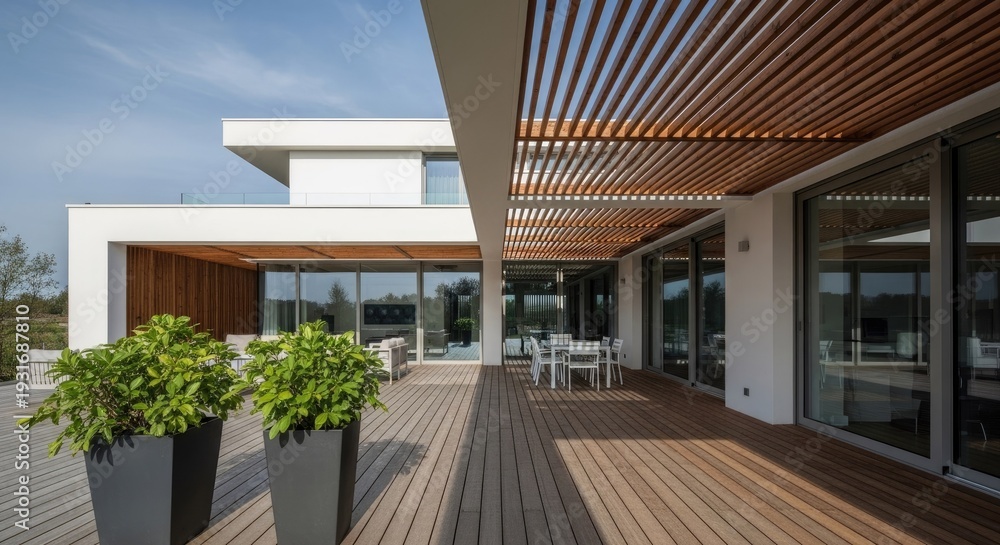 Fototapeta premium Modern home exterior with wooden deck plants and contemporary architecture