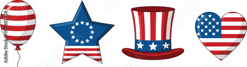 USA independence day symbols balloon star top hat and heart American flag vector illustration