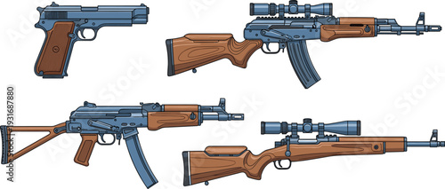 Set of realistic firearm weapon vectors including tactical sniper rifle, assault carbine, semi-automatic handgun pistol, and hunting bolt action rifle.