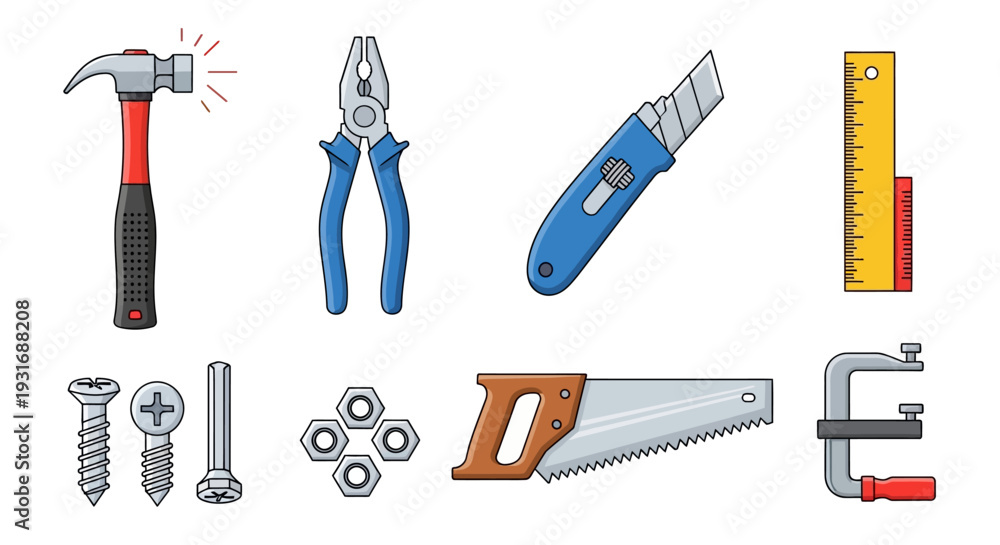 Naklejka premium Essential Hand Tools Vector Set: Hammer, Pliers, Saw, Utility Knife, Screws for DIY, Construction & Repair Projects