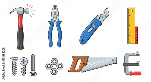 Essential Hand Tools Vector Set: Hammer, Pliers, Saw, Utility Knife, Screws for DIY, Construction & Repair Projects