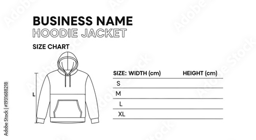 hoodie jacket size chart illustration detailing s m l xl sizes with width and height measurements for apparel.
