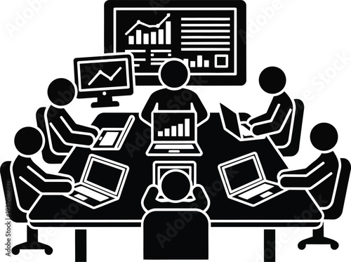 Group of people working together on laptops in a business meeting with data analysis charts isolated on transparent background