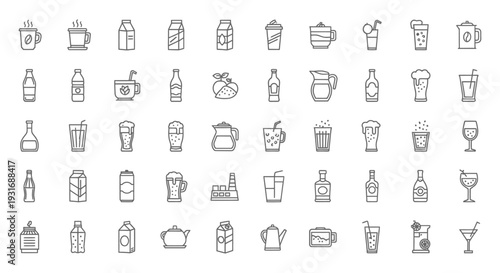 various drink and beverage outline icons illustrating common containers like coffee cups milk cartons and bottles for menus.