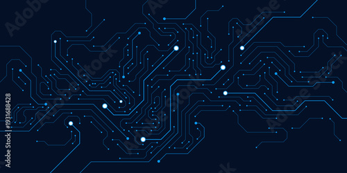 Circuit board technology texture on dark blue background. Futuristic quantum computer. Design for motherboard, microchip, processor and semiconductor. Vector
