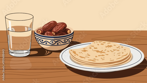 traditional iftar meal with fresh water dates and flatbread on a wooden table perfect for ramadan fasting and healthy eating