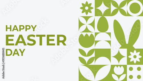Easter banner in green color with a geometric floral pattern and a bunny silhouette. Perfect for seasonal marketing, website headers, social media campaigns and holiday promotions.