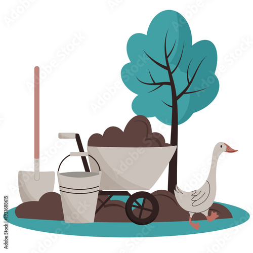 farming scene with gardening tools and cute goose