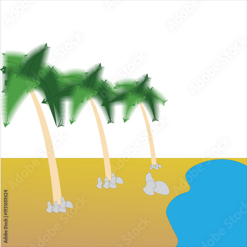 A simple illustration depicting palm trees sand ocean and rocks