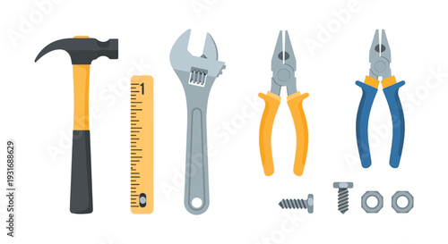 Diverse Home Improvement & Repair Tools Vector Set: Hammer, Wrench, Pliers, Ruler, Screws, and Nuts for Construction, DIY, and Maintenance Projects