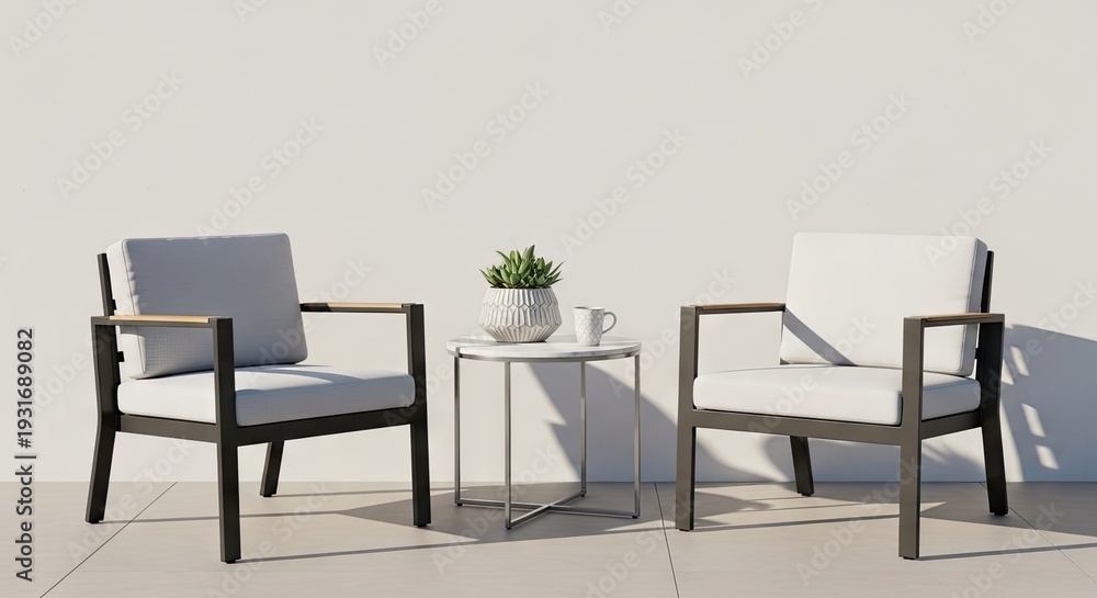 Fototapeta premium Modern outdoor seating arrangement with chairs and side table against a wall