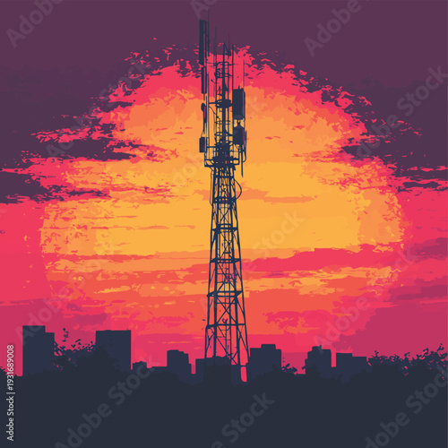 A heavy, metal cell radio tower broadcasting electric radio signals in the sky above a faded city skyline. , vector style simple color