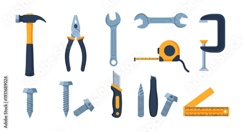 Flat Design Hand Tools Vector Set: Hammer, Wrench, Pliers, Screws, Measuring Tape for DIY, Construction & Home Repair Projects