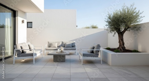 Modern outdoor patio with stylish furniture and a mature olive tree
