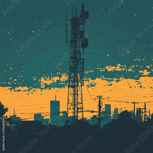 A heavy, metal cell radio tower broadcasting electric radio signals in the sky above a faded city skyline. , vector style simple color