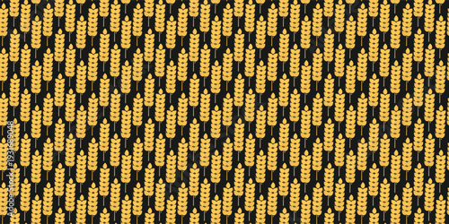 Seamless pattern with golden wheat ears on black background for bakery branding.