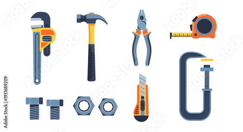 Essential Hand Tools and Hardware Flat Icon Set for DIY, Construction, and Repair Projects