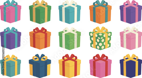 Colorful Gift Boxes Collection, Wrapped Present Packages with Ribbons and Bows Celebration Set, Flat Vector Illustration