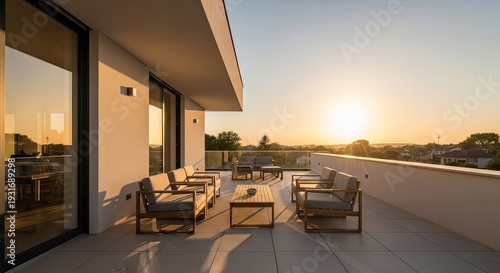 Modern terrace with seating furniture during golden hour sunset view