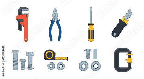Essential Hand Tools and Hardware Items Vector Set: Pipe Wrench, Pliers, Screwdriver, Utility Knife, Bolts, Nuts, Measuring Tape, and C-Clamp for DIY & Construction