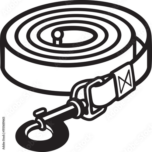 A black illustration of a coiled leash with a metal clip and buckle.