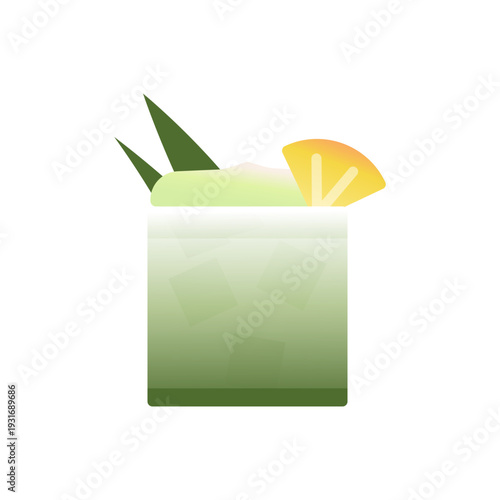 Matcha Pina Colada Icon. Matcha tropical cocktail in glass with straw and ice. Flat vector illustration isolated
