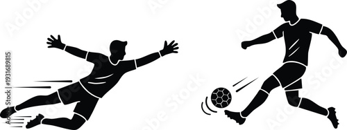Football Soccer Players Silhouette Action Scene Goalkeeper Save and Striker Kick Shot World Cup Championship Match Concept Vector Illustration