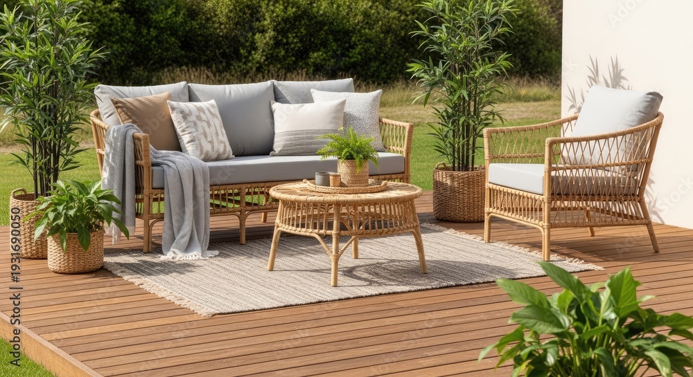 Fototapeta premium Outdoor patio furniture arrangement with sofa and chairs on wooden deck