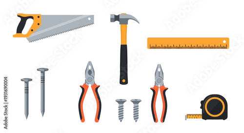 Flat Design Essential Construction & DIY Hand Tools Set: Hammer, Saw, Pliers, Ruler, Tape Measure, Nails & Screws