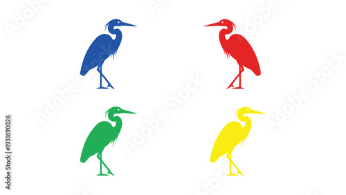 Four colorful illustrations of stylized birds standing on one leg each