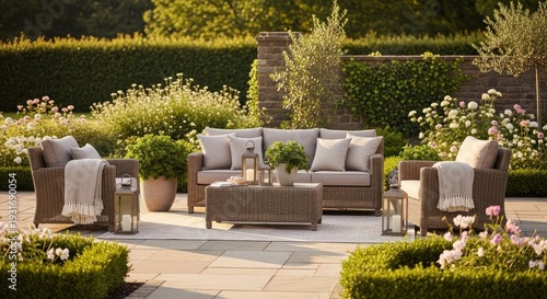 Outdoor patio furniture arrangement with sofa chairs and coffee table on stone patio