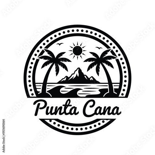 Wallpaper Mural Vector illustration punta cana tropical beach scene with palm trees and mountains in a circular frame Torontodigital.ca