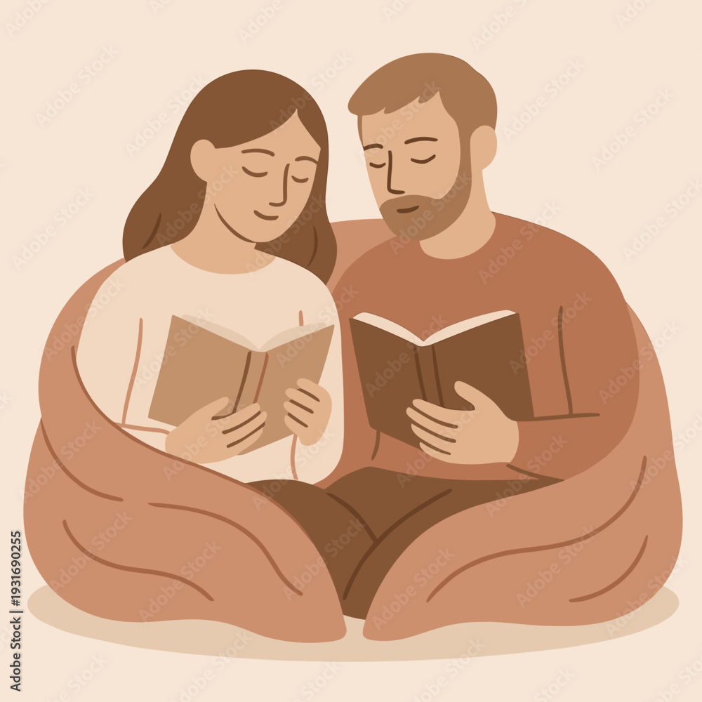 Fototapeta premium Couple reading together in a cozy position on a soft surface