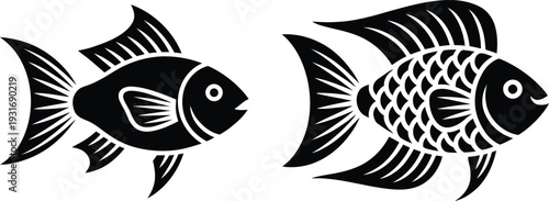 Two black stylized fish vector illustrations, aquatic life and sea creature symbols