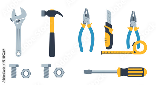 Flat Design Hand Tools Set Vector Illustration. Essential Equipment for DIY, Repair, Construction: Wrench, Hammer, Pliers, Screwdriver, Tape Measure, Knife, Bolts & Nuts.